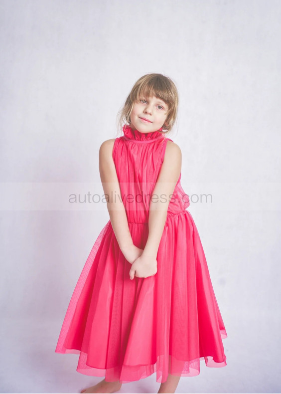 High Neck Fuchsia Tulle Tea Length Flower Girl Dress